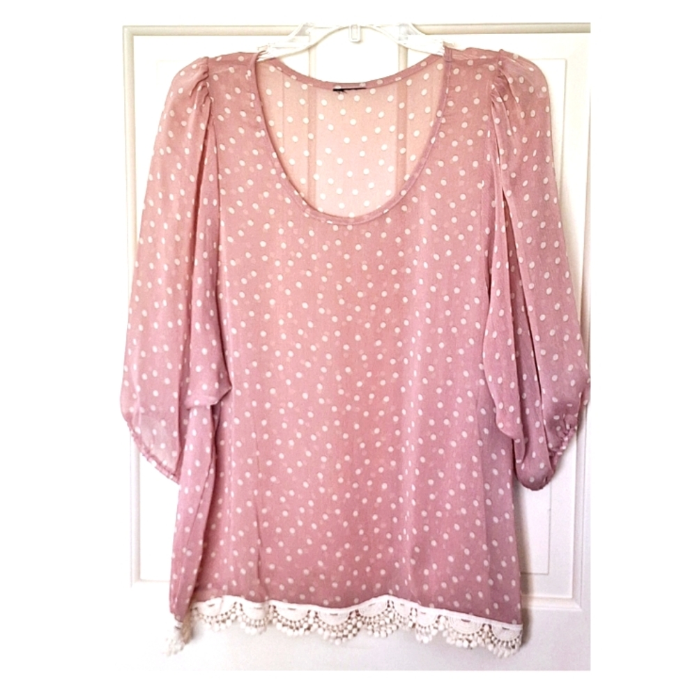 🚩 SALE WallpapHER Sheer Crochet Hem Blouse L Dusty Rose